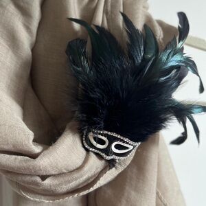 Elegant Black Feathered Mask Brooch